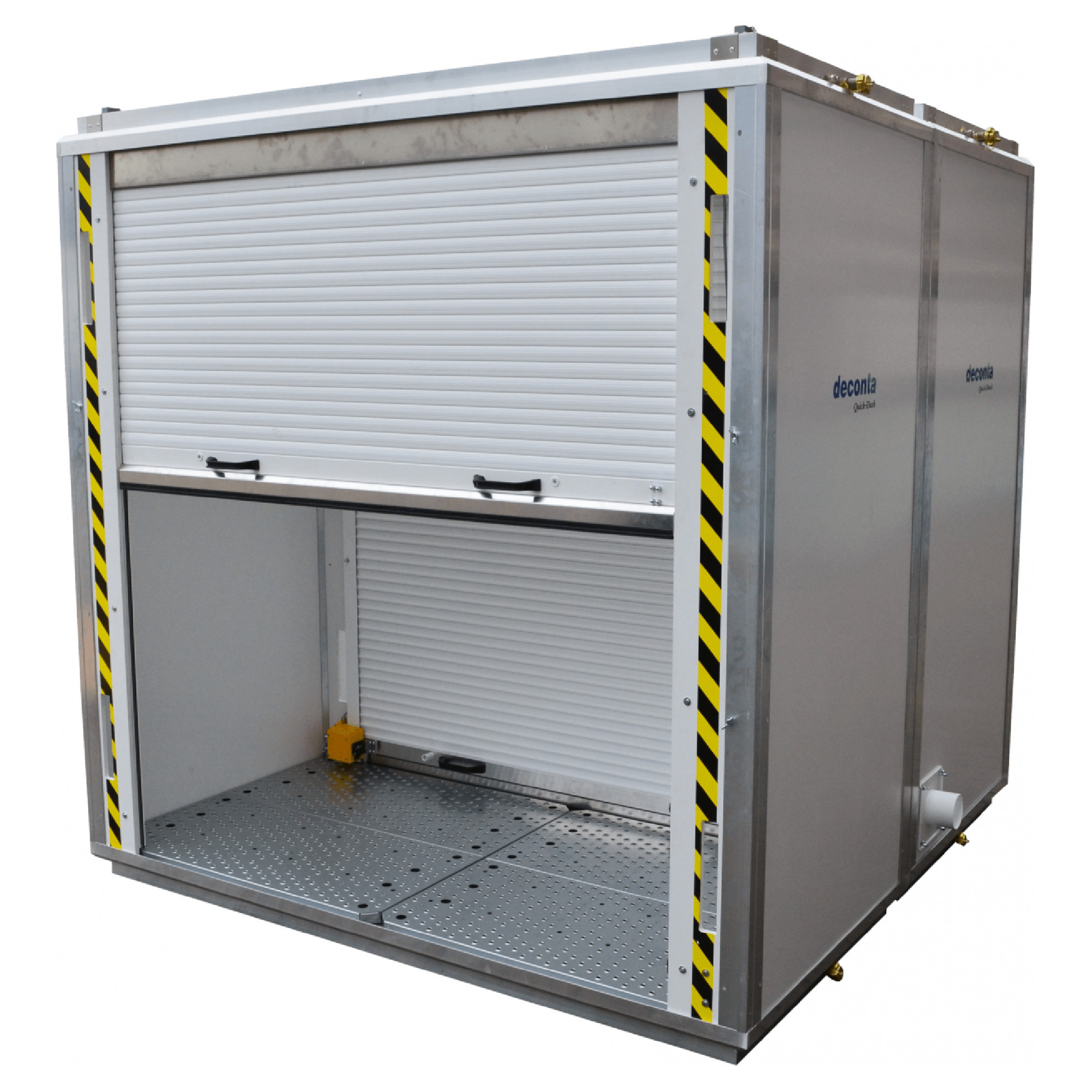 Ein quadratischer, moderner Container mit einem rollbaren, hellen Schiebeladen. Der Container hat gelb-schwarze Warnstreifen an der Seite und eine metallische Oberfläche. Er bietet Platz für Lagerung oder Transport und ist für verschiedene Anwendungen geeignet.