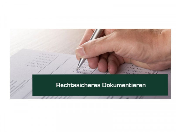 Eine Hand hält einen silbernen Stift, während sie auf einem Dokument mit Kästchen und Linien schreibt. Der Text darunter lautet: „Rechtssicheres Dokumentieren“.